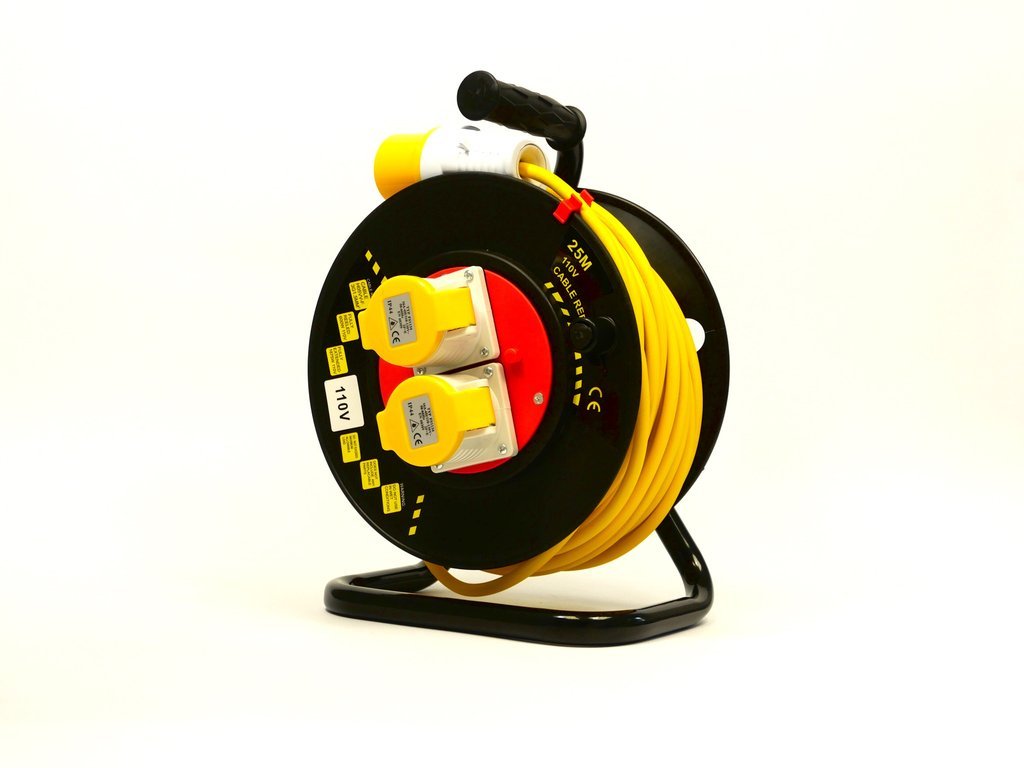 CRP25110 - 10V 25m Extension Reel - Twin Socket Heavy duty site strength cable drum dispenser